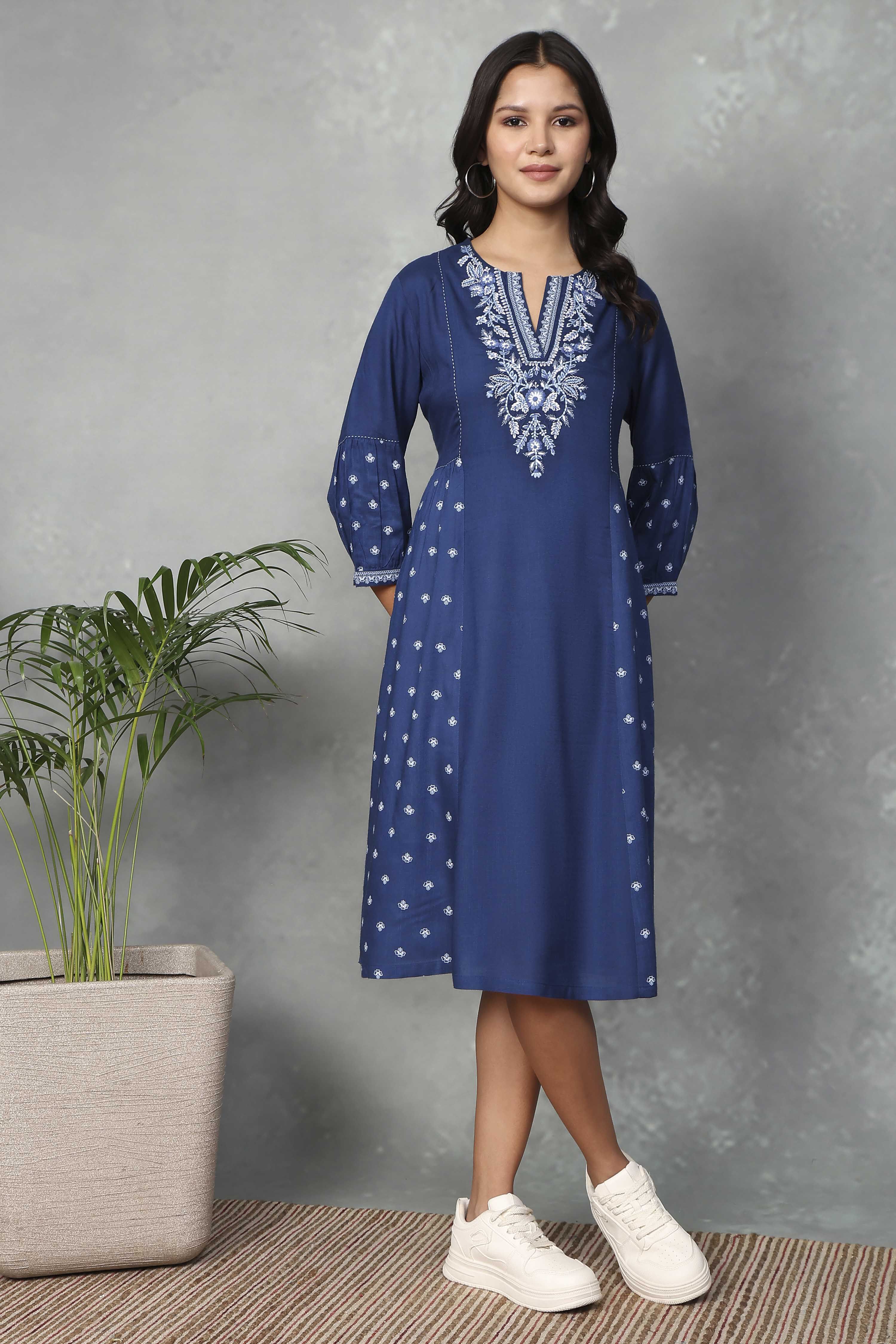 Blue Rayon A-Line Dresses image number 4