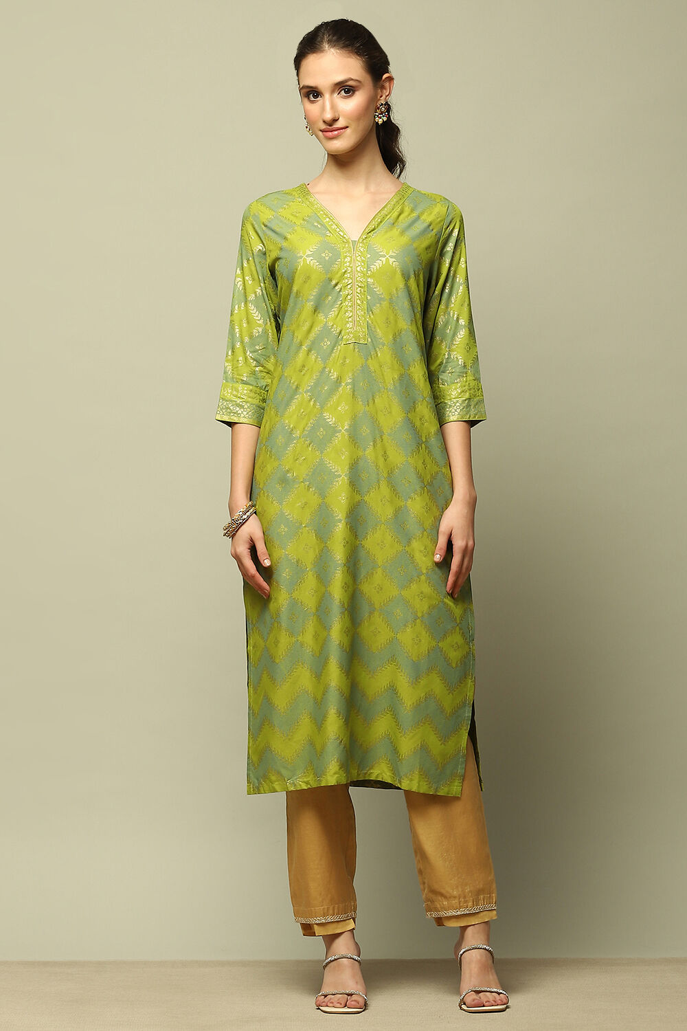 Lime Green Printed Straight Kurta image number 5