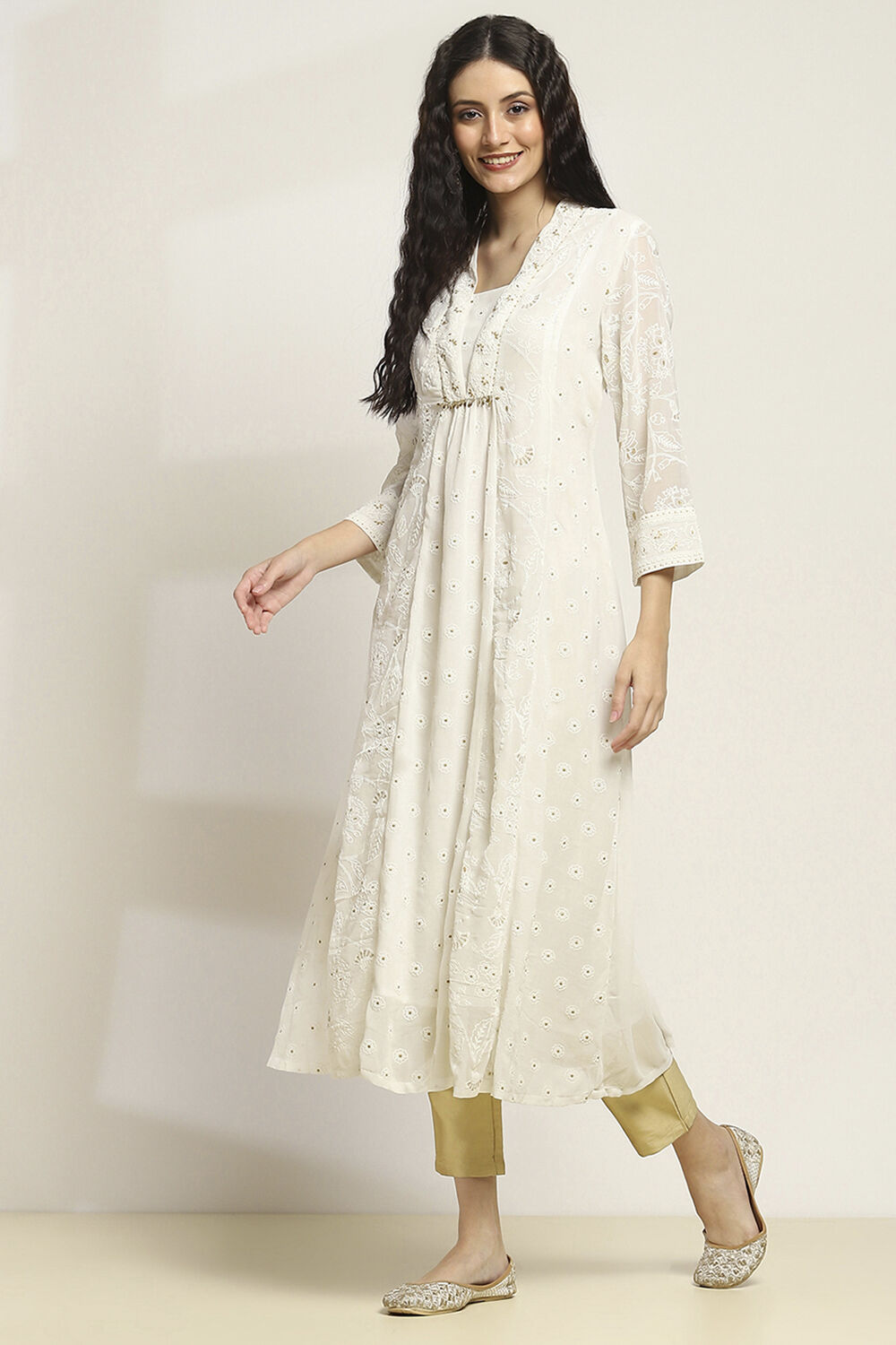 White Printed Flared Kurta image number 2