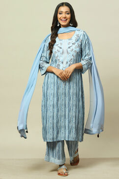 Blue LIVA Woven Straight Kurta Suit Set image number 0