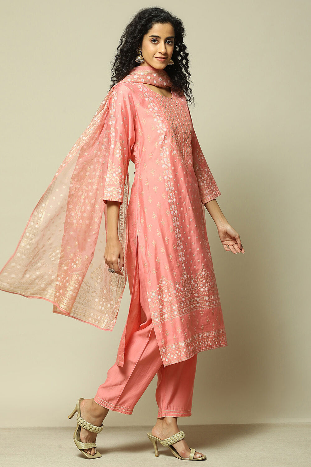 Pink LIVA Straight Printed Kurta Palazzo Suit Set image number 6