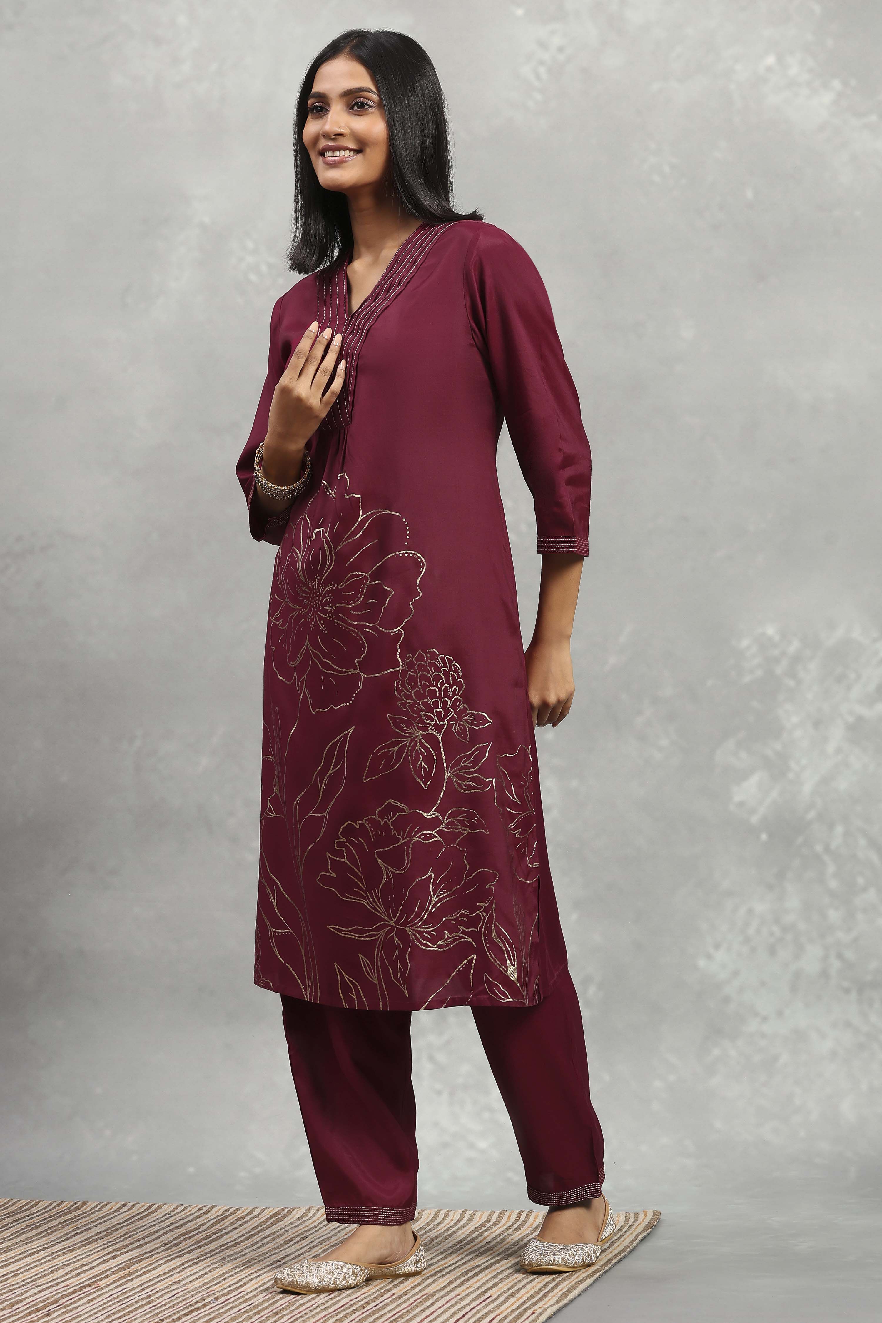 Purple Viscose Rayon Printed A-Line Kurta Pants Set image number 3