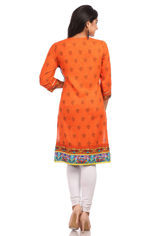 Blue & Orange Straight Cotton Kurta image number 1