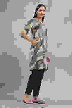 Ecru and Brown Printed Straight Kurta image number 4