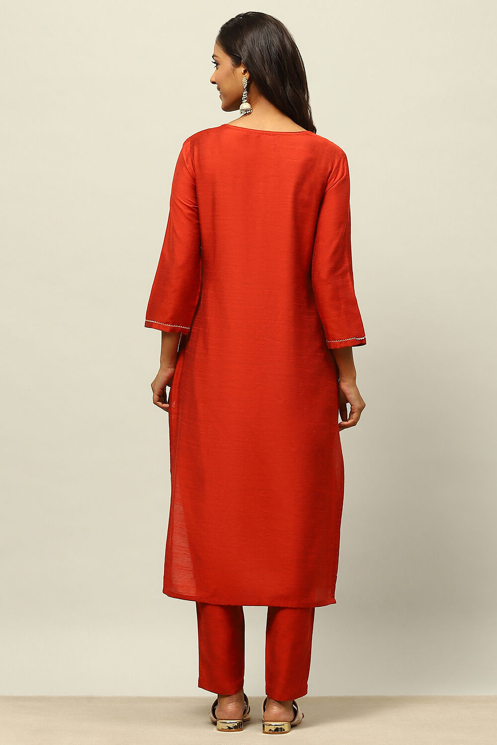 Rust Red Yarn Dyed Straight Festive Suit Set image number 4