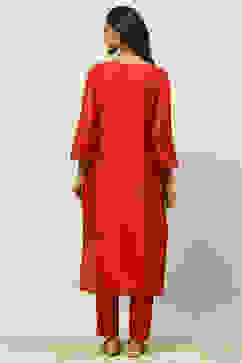 Rust Red Yarn Dyed Straight Festive Suit Set image number 4