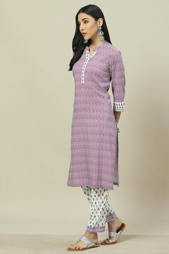 Lavendar LIVA Woven Straight Kurta Suit Set image number 3