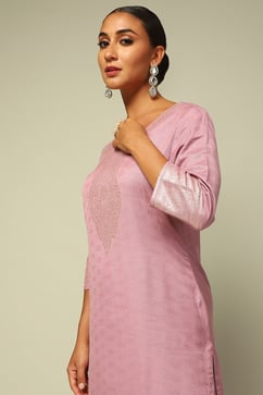 Lavender Acrylic Straight Yarn Dyed Kurta Palazzo Suit Set image number 1