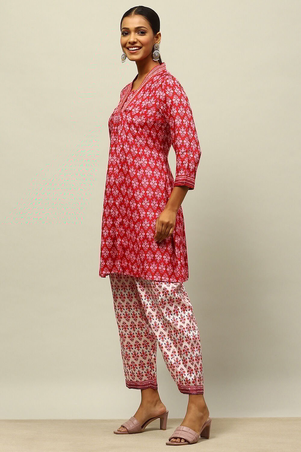 Red Viscose Blend Kalidar Printed Kurta Palazzo Suit Set image number 3
