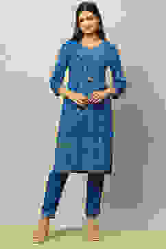 Blue Rayon Straight Printed Kurta Salwar Pants Suit Set image number 0