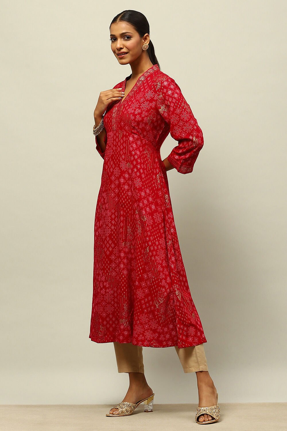 Magenta Printed A-line Kurta image number 2