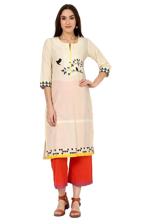 Beige Straight Cotton Kurta image number 0