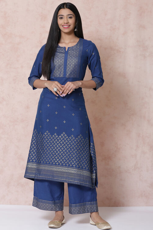 Indigo LIVA Asymmetric Kurta image number 0