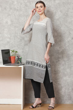 Grey Poly Cotton Straight Kurta image number 2