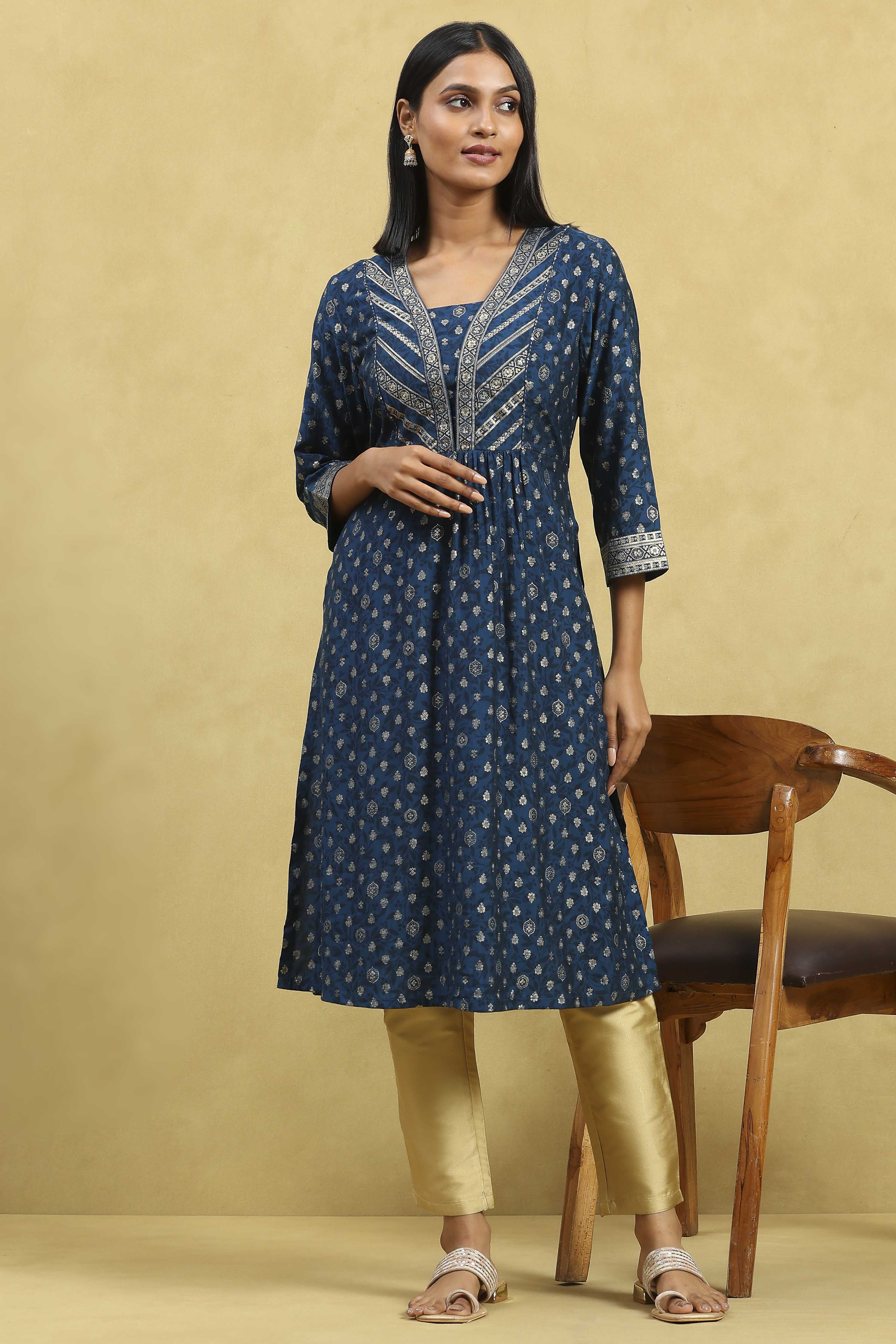 Blue Viscose Blend Printed Gathered Kurta image number 0