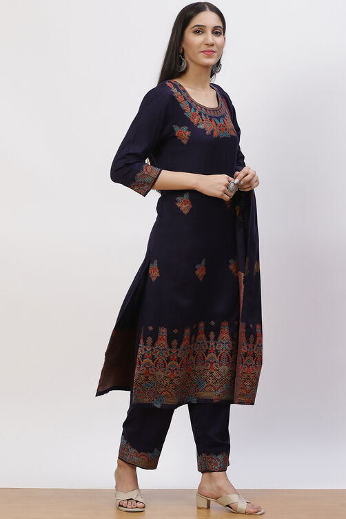 Navy Blue Acrylic Straight Suit Set image number 3