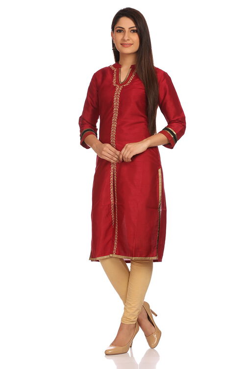 Maroon Straight Art Silk Kurta image number 2
