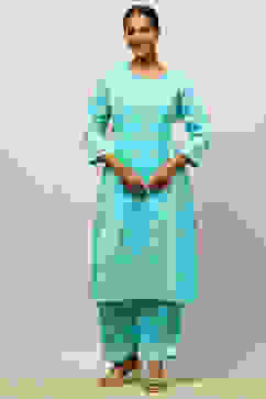 Blue Viscose Blend Straight Palazzos image number 0