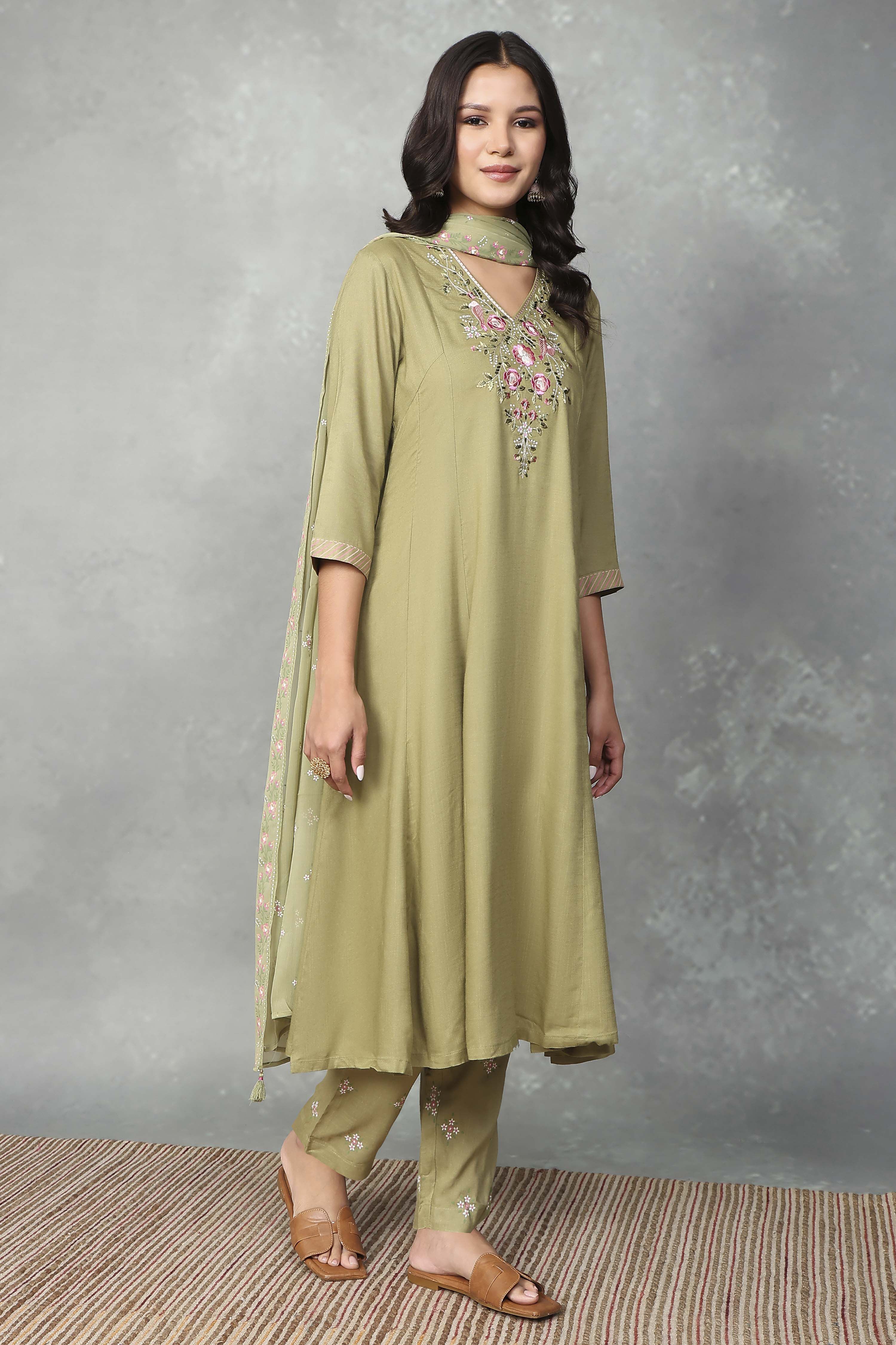 Sage Green Embroidered Kalidar Suit Set image number 5