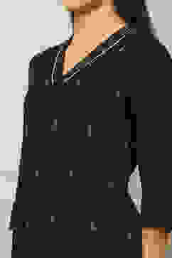 Black Cotton Jacquard Yarndyed Straight Kurta image number 1