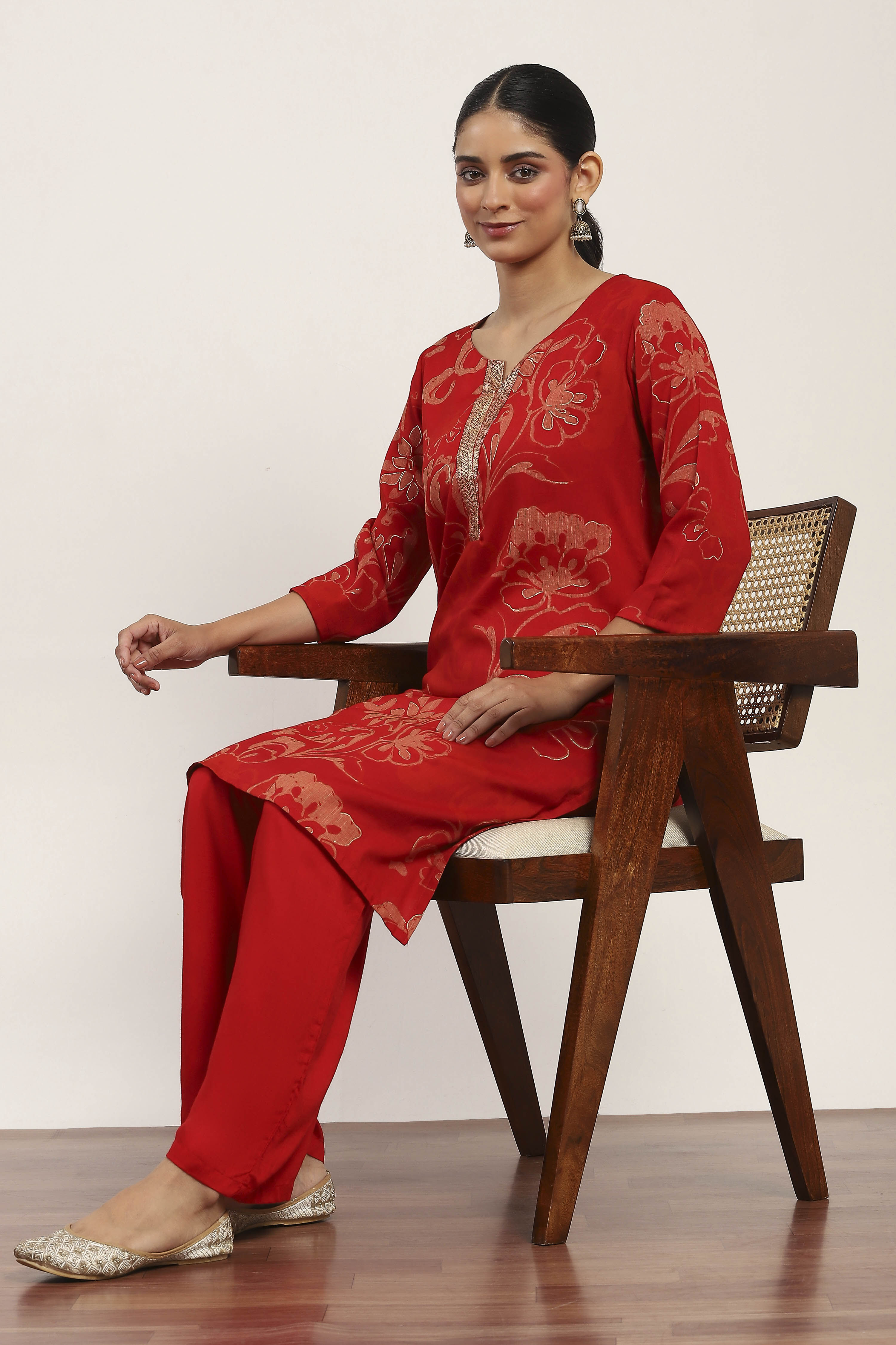 Red Viscose Polyester Viscose Rayon Kurta Pants Set image number 0