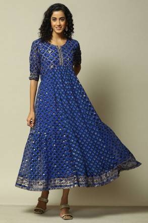 Cobalt Blue Polyester Kalidar Printed Dress