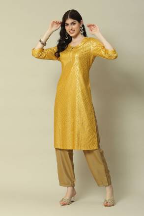 Yellow Liva Straight Printed Top: A Festive Choice