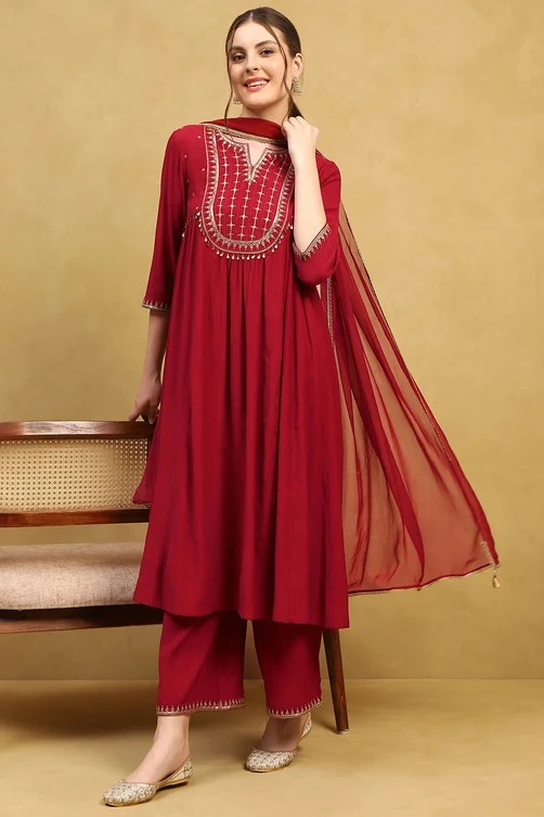 Red Embroidered Flare