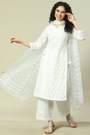 White Cotton Straight Suit Set