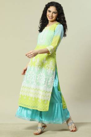 Lime Green Cotton Blend Straight Kurta