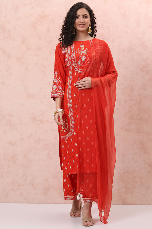 Festive Orange Ornamental Suit Set for Timeless Elegance