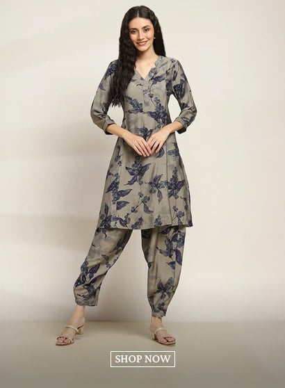 Grey Viscose Blend Printed A-Line Kurta Pants Set