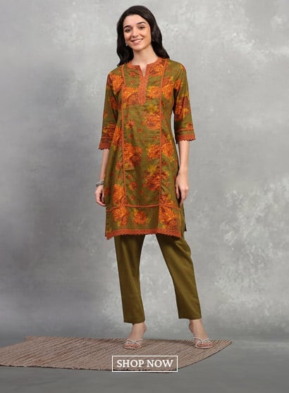 Green Cotton Printed Straight Kurta Pants Set