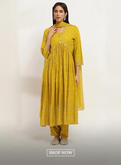 Yellow Rayon Slub Gathered Printed Kurta Palazzo Suit Set