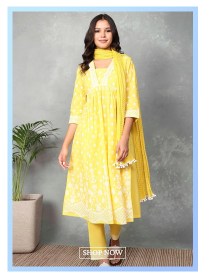 Yellow Cotton Printed Gathered Suit Set