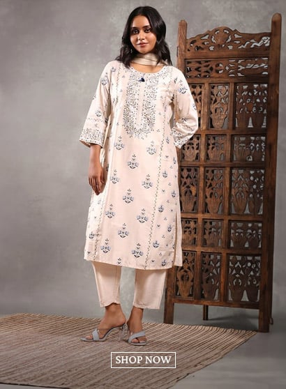 Off White Viscose Blend Printed Straight Suit Set
