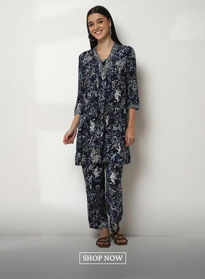 Navy Blue Printed Straight Co-ord Set