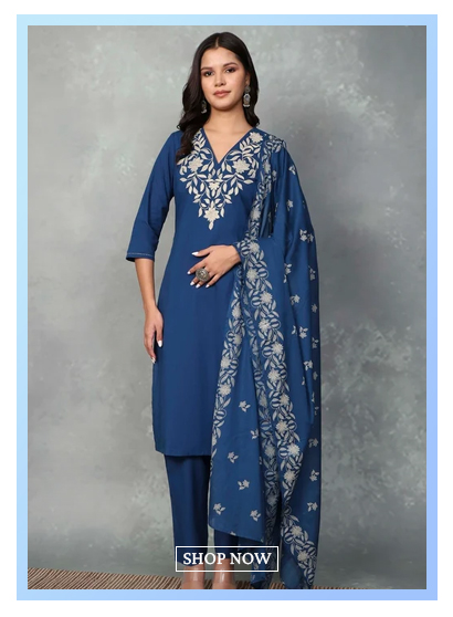 Blue Cotton Straight Suit Sets