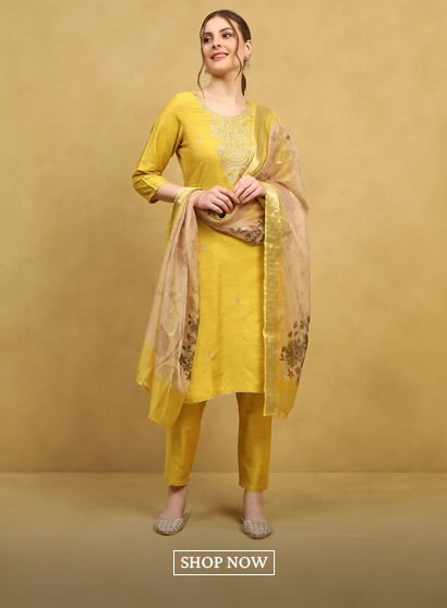 Yellow Viscose Blend Embroidered Straight Suit Set