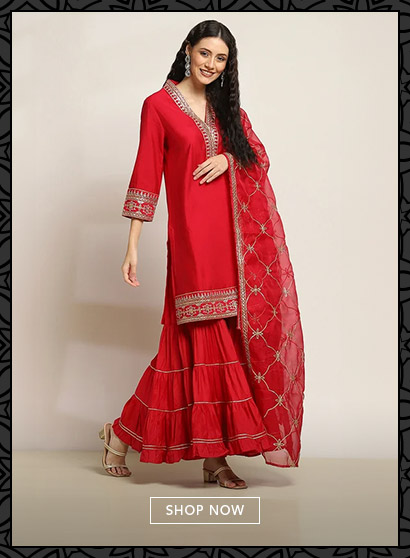 Red Solid Straight Suit Set