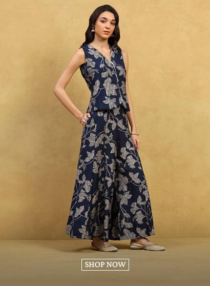 Indigo Blue Viscose Blend Printed Crop Top & Blouse Top Palazzo Set
