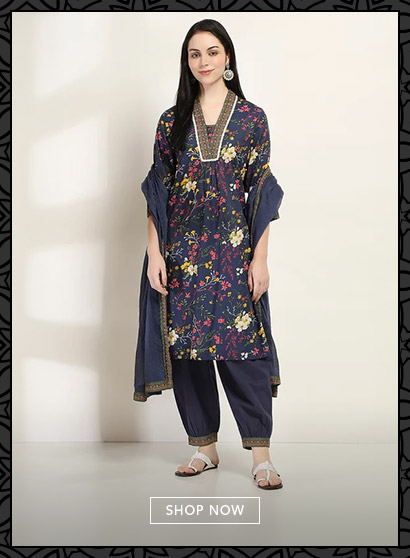 Navy Blue Cotton Floral Printed Straight Suit Set