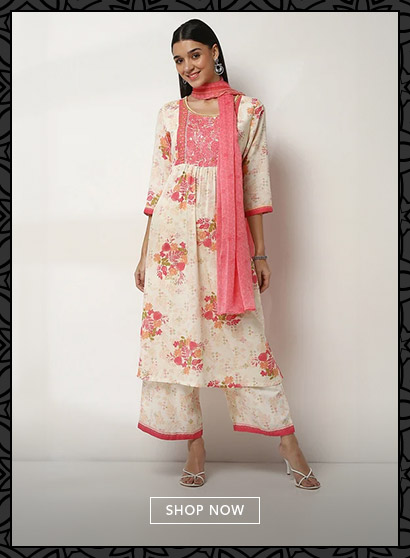 Peach-Toned Floral Printed Gathered Suit Set