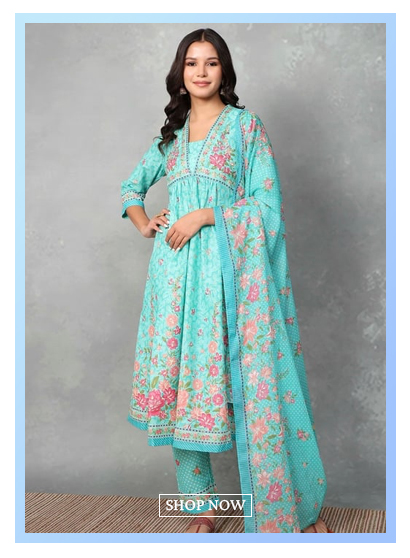 Aqua Blue Cotton Printed Gathered Suit Set