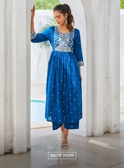 Indigo Embroidered Straight Kurta Set