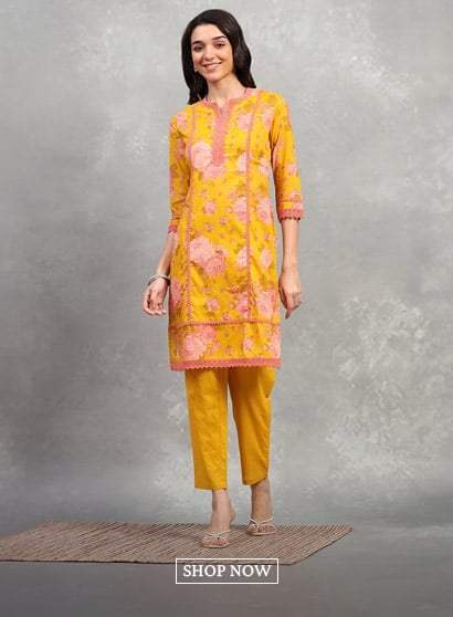Yellow Cotton Printed Straight Kurta Pants Set