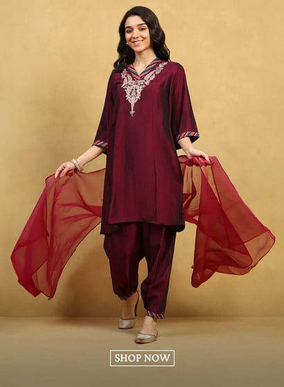 Wine Polyester Blend Embroidered A-Line Suit Set
