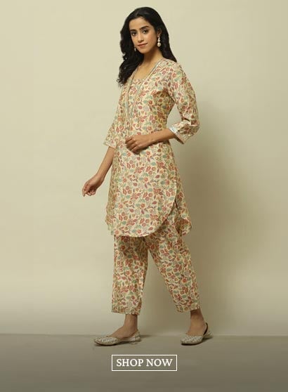 Ecru Viscose Blend Floral Printed Straight Co-ord Set