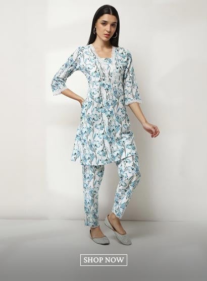 White and Blue Cotton Straight Co-ord Set