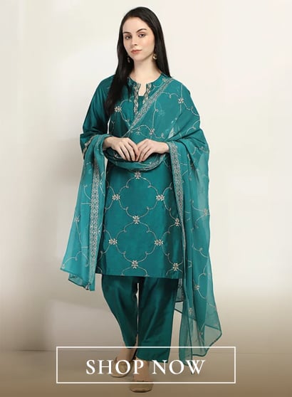 Teal Embroidered Straight Suit Set